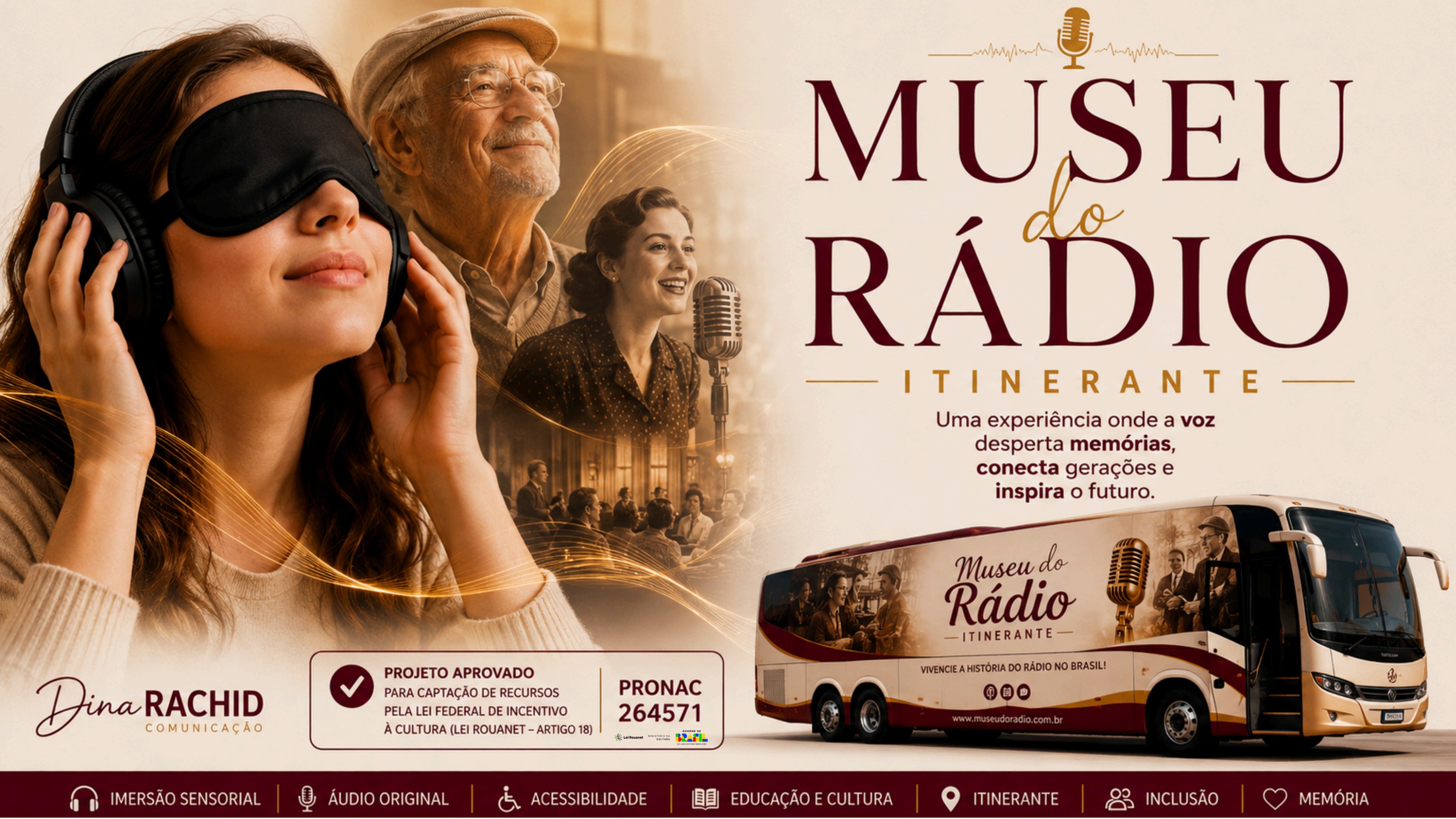 Cartaz oficial do Museu do Rádio Itinerante — 'Uma experiência onde a voz desperta memórias, conecta gerações e inspira o futuro.' Idealizado por Dina Rachid. Projeto aprovado pela Lei Rouanet — PRONAC 264571.
